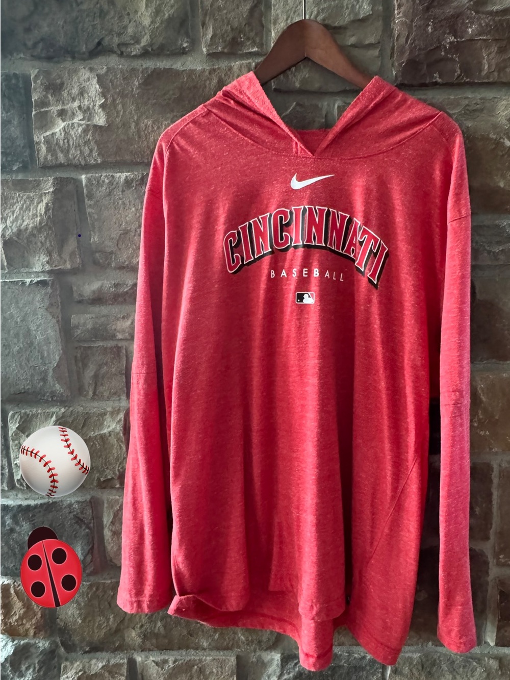 Vintage Nike Red Cincinnati Baseball Hooded Long Sleeve Top Heather Red - XXL
